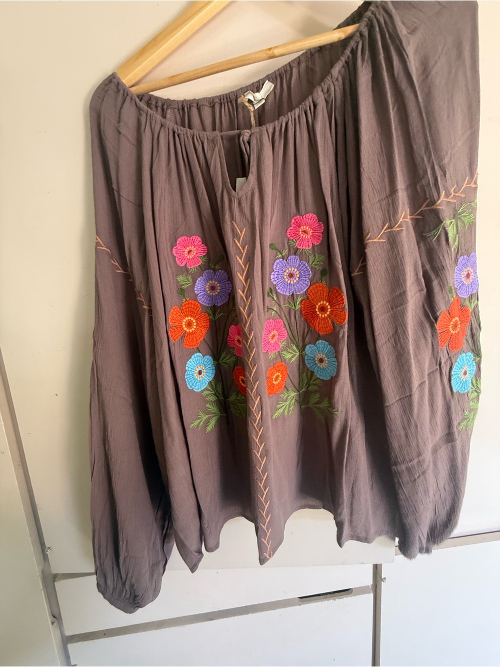 easel Brown Floral Embroidered Blouse with Multicolor Blooms